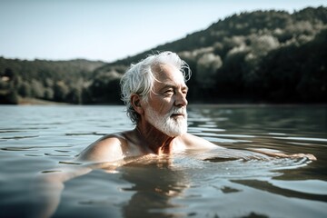 Senior adult man enjoying a swim in the lake. Generative AI