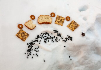 Cookies, drying, pieces of bread, sunflower seeds (bird food) close-up on the background of snow in spring
