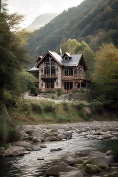 Mountain elegant house by the river. Generative AI vertical shot