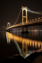 Fototapeta premium Suspension bridge over big river illuminated at night. Generative AI vertical shot