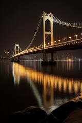 Suspension bridge over big river illuminated at night. Generative AI vertical shot