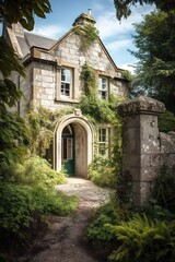 Obraz premium Abandoned mansion made of stone bricks. Architectural old design. Generative AI vertical shot