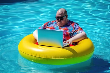 Oversize man enjoying summer in swimming pool in floater with laptop. Generative AI