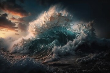 Big waves in a stormy ocean with sun rays pouring through water on sunrise or sunset clouds background Generative ai