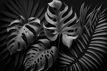 Tropical palm leaves pattern background. Monochrome monstera tree foliage decoration design. Plant with exotic leaf closeup. Generative AI