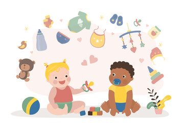 Obraz na płótnie Canvas Multiethnic newborn babies with nipples sit on the carpet. Various icons, toys and items above them. Childhood, infant characters kids games, funny little multicultural kids.