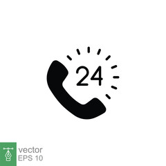 Call center 24 hours with phone icon. Full time service, technical support concept. Simple solid style. Black silhouette, glyph symbol. Vector illustration isolated on white background. EPS 10.