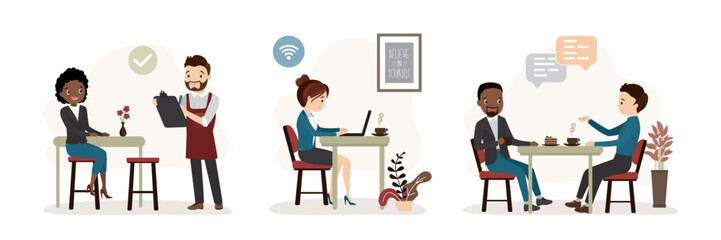 Fototapeta premium Various people in cafe. Set of male and female characters, situations in coffee shop. Customers and waiters in restaurant. Customers eat, drink coffee and communicate.