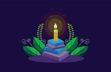 Stack of books, burning candle and leaves illustration. Vector hand drawn illustration.