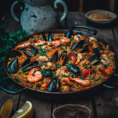 Seafood paella Served in a Large Pan-Generative AI
