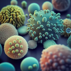 Background with macro shot of abstract colorful various bacteria, germs and viruses. Generative AI.