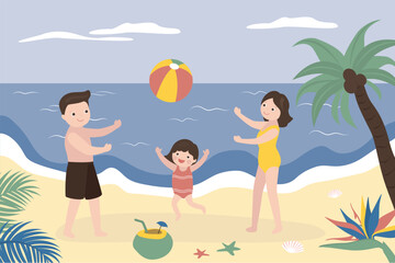 Parents play ball with their little daughter on sunny beach. Family spend time together, vacation, weekend. Active games, mom and dad play with cute child. Caucasian people on seashore.