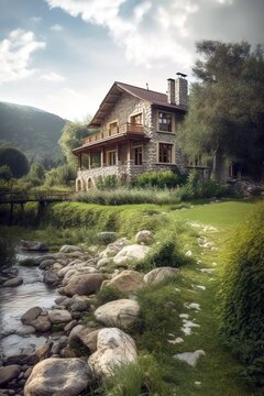 Cute country house by the river surrounded by stunning mountain landscape. Generative AI vertical shot