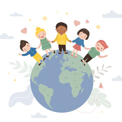 Boys and girls of different nations and races. Multiethnic children standing on globe hand by hand. Earth day. Friendship of peoples, happy childhood, peace. Child protection.