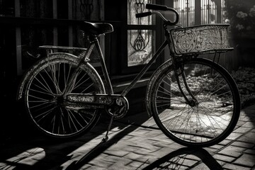 Naklejka na ściany i meble bicycle parked beside a window on a city sidewalk. Generative AI