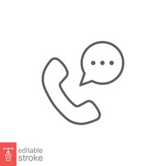 Old phone handset and talk bubble icon. Telephone support, communication concept. Simple outline style. Thin line symbol. Vector illustration isolated on white background. Editable stroke EPS 10.