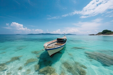 Beautiful summer landscape of tropical island with boat in ocean. Transition of sandy beach into turquoise water. Travel and vacation concept, generative AI