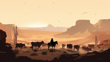man on a horse herding cows in the desert illustration