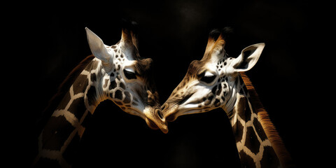 Giraffe couple in love on dark background, generative AI