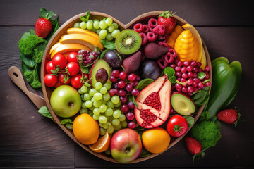 Fototapeta na wymiar Healthy nutrition eating with fresh fruits and vegetables in heart dishes is advised by nutritionists and doctors for patient wellbeing. This includes cholesterol diets, generative AI