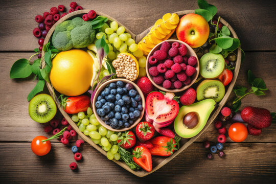 Healthy nutrition eating with fresh fruits and vegetables in heart dishes is advised by nutritionists and doctors for patient wellbeing. This includes cholesterol diets, generative AI