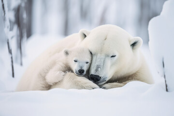 Naklejka na ściany i meble Polar bear with her little cub sleeping in the snow, generative AI