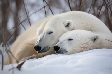 Polar bear with her little cub sleeping in the snow, generative AI