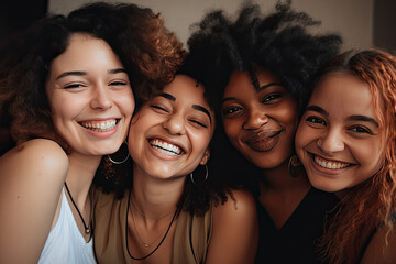 Fototapeta premium Multiracial women standing together and smiling at camera. Portrait of interracial female models. Diversity concept. Created with Generative AI