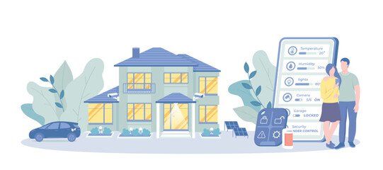 Smart Home Technology. Home with cognitive intelligence, smart living environment, hike quality of life. Safety security, lighting, and entertainment. Vector illustration with character situation 