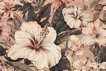 Illustration of floral wallpaper with white and pink flowers. Generative AI