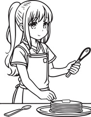 Anime girl cooking, vector coloring for children