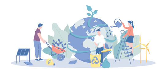 Earth Day. Concept of protection of nature and ecology. People look after the planet. Vector illustration with character situation for web.