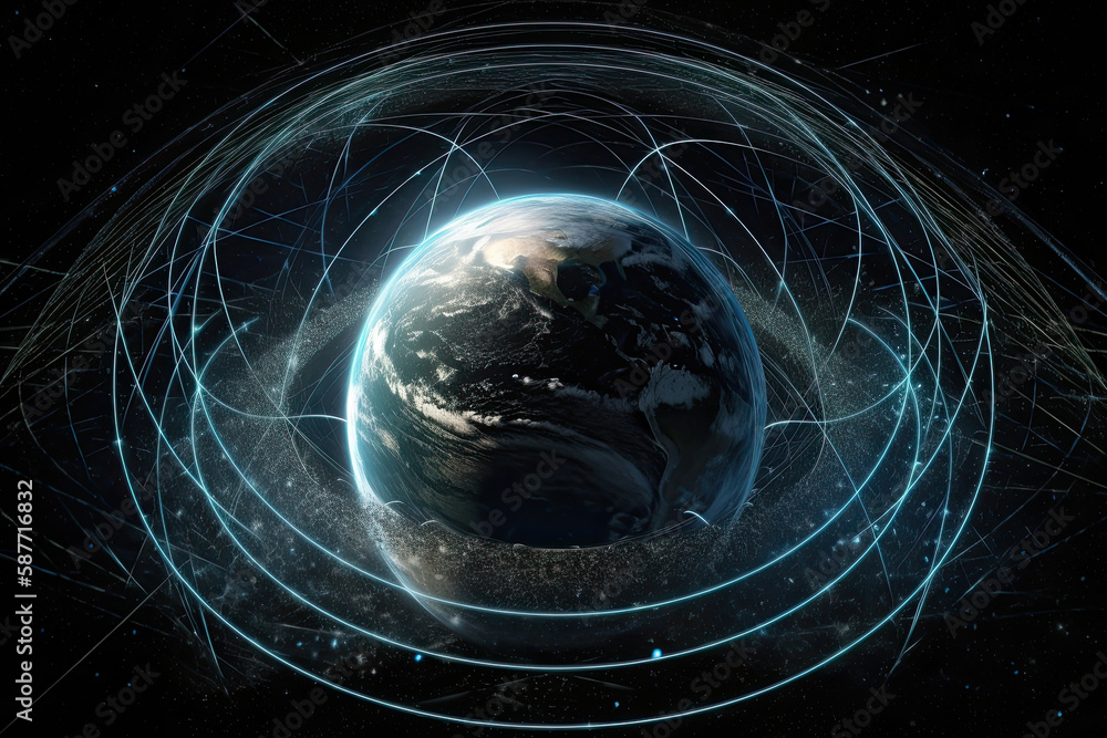 Poster view from space on planet earth with satellites orbits around it. visualization of digital connectio