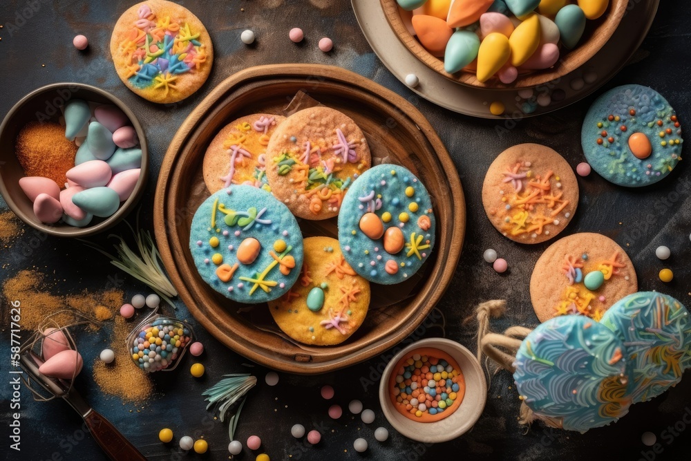 Poster festive table filled with colorful and intricately decorated cookies. generative ai