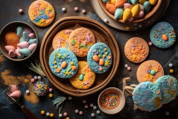 Fototapeta premium festive table filled with colorful and intricately decorated cookies. Generative AI