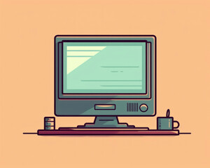 Computer monitor and coffee cup on orange background. Vector illustration in cartoon style.