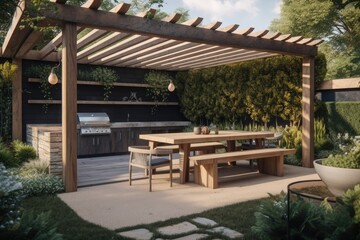 cozy outdoor dining area with a wooden table and a pergola overhead. Generative AI - obrazy, fototapety, plakaty