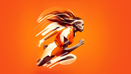 Illustration einer Sprinterin vor orangem Hintergrund, generative KI