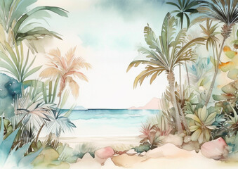 tropical beach landscape with palm trees and sand, watercolour style, generative ai

