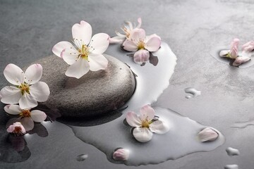 Fototapeta na wymiar Beautiful flowers on a rock in a water. Spa image. Generated ai.