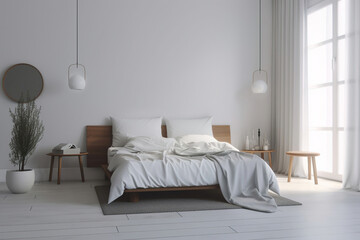 Photo realistic minimalist bedroom interior. Generated ai.