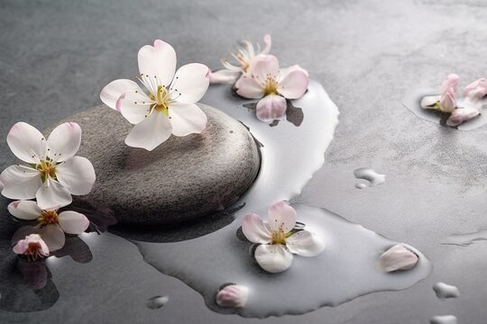 Beautiful flowers on a rock in a water. Spa image. Generated ai.