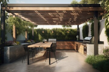 Illustration of an outdoor kitchen with dining area. Generative AI - obrazy, fototapety, plakaty