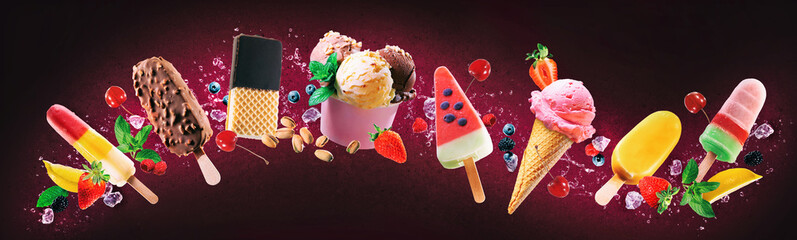 Collection of various delicious ice cream - obrazy, fototapety, plakaty