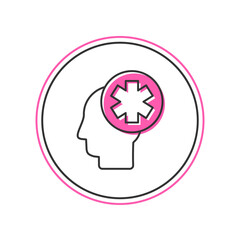 Filled outline Male head with hospital icon isolated on white background. Head with mental health, healthcare and medical sign. Vector
