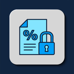 Obraz premium Filled outline Finance document and lock icon isolated on blue background. Paper bank document for invoice or bill concept. Vector