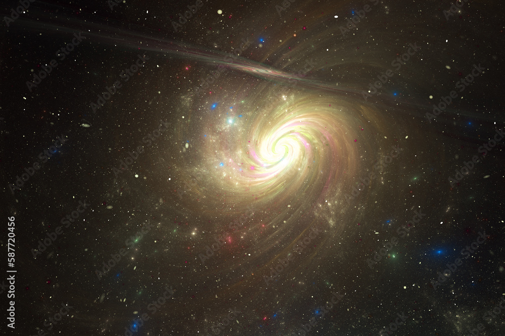 Poster yellow swirling clouds of stardust in black space. abstract fractal 3d rendering