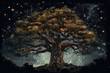 mystical tree under a starry night sky. Generative AI