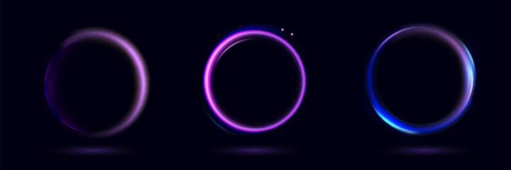 Neon swirl. Curve blue line light effect. Abstract ring background with glowing swirling background. Energy flow tunnel. Blue portal, platform. Magic circle vector.
