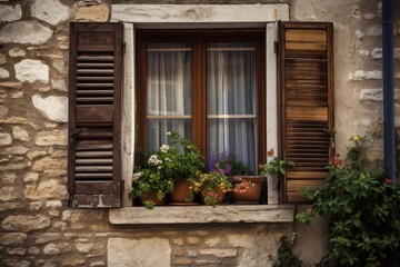 Fototapeta na wymiar colorful window filled with blooming flowers. Generative AI